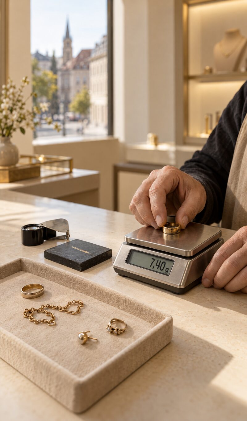 Goldschmied legt einen alten Ring auf eine Feinwaage, daneben Lupe, Prüfstein und ein Tablett mit altem Goldschmuck