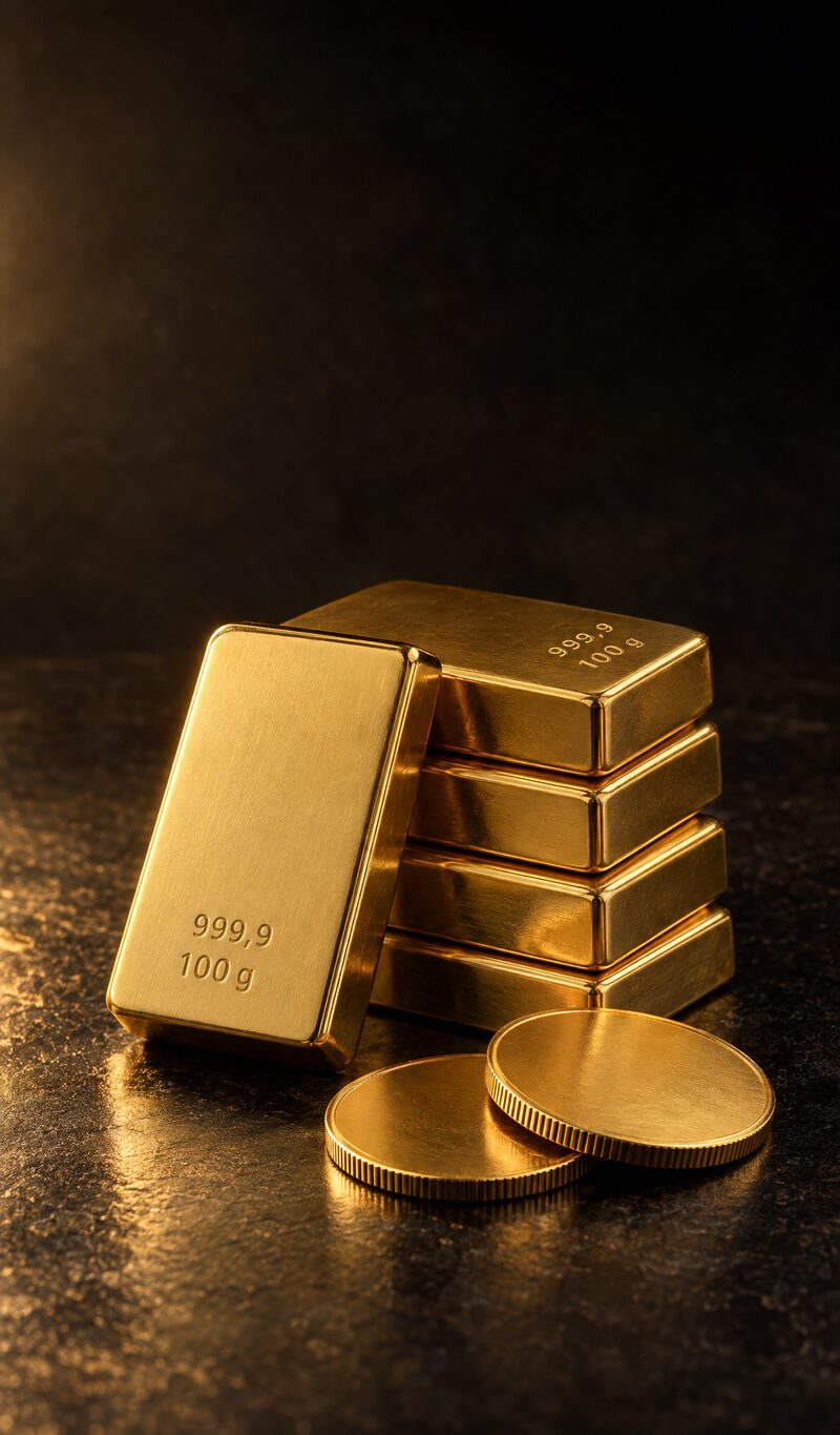 Gestapelte Feingoldbarren und zwei Goldmünzen auf dunklem Stein